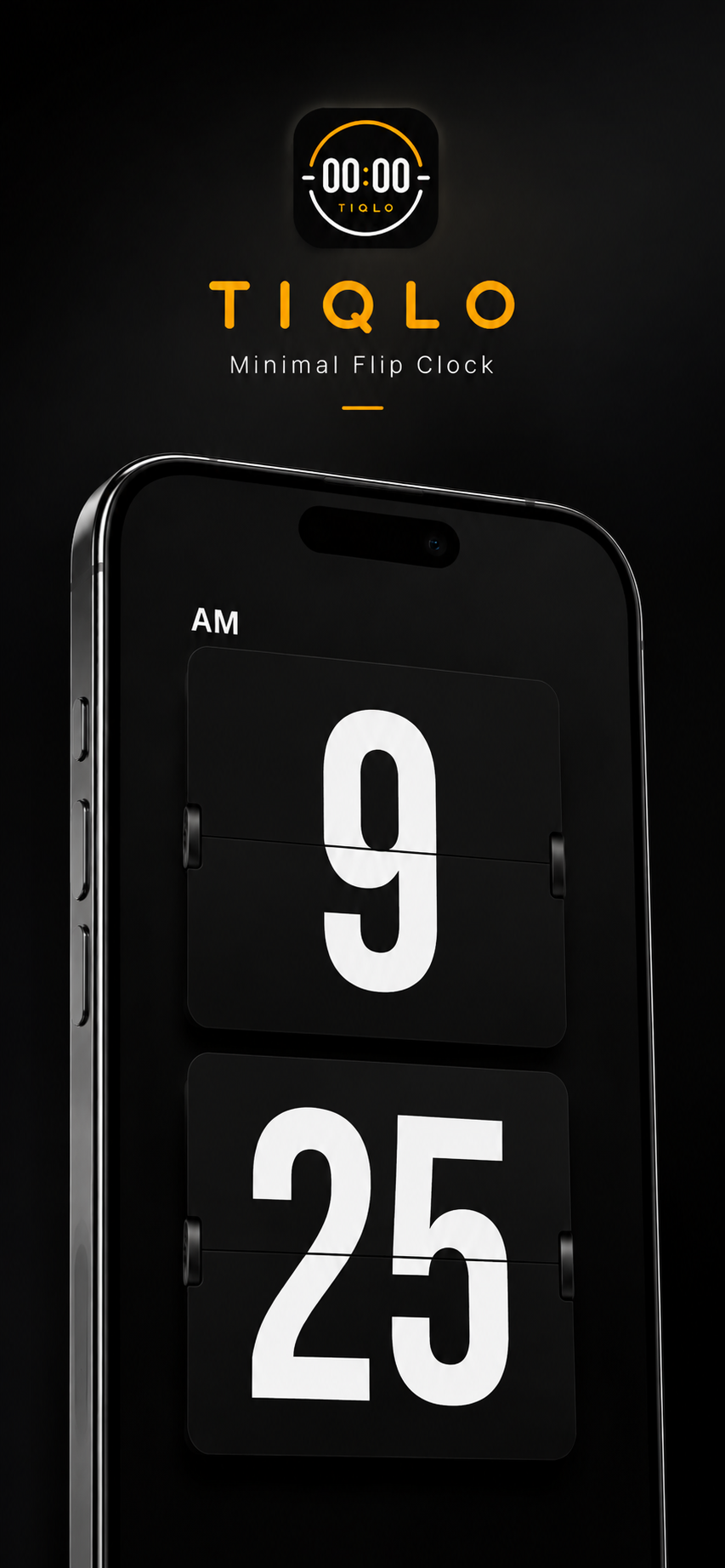 Tiqlo branding and a close-up of the minimal flip clock
