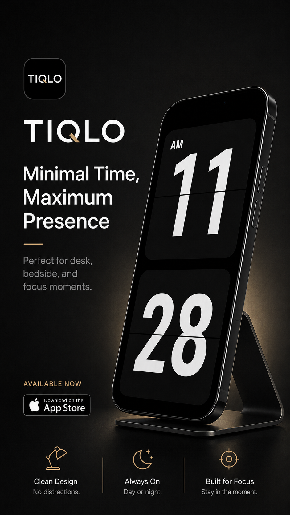Tiqlo minimal flip clock displayed on a bedside phone stand